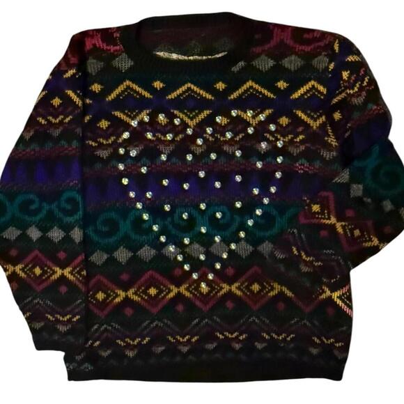 LF Purrrr of a Kind Rhinestone Heart Sweater Boho Festival Retro Knit M/L - Picture 1 of 3